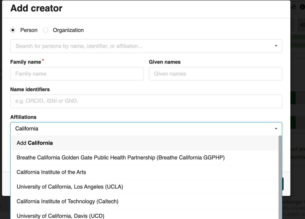 Entering an affiliation into CaltechData