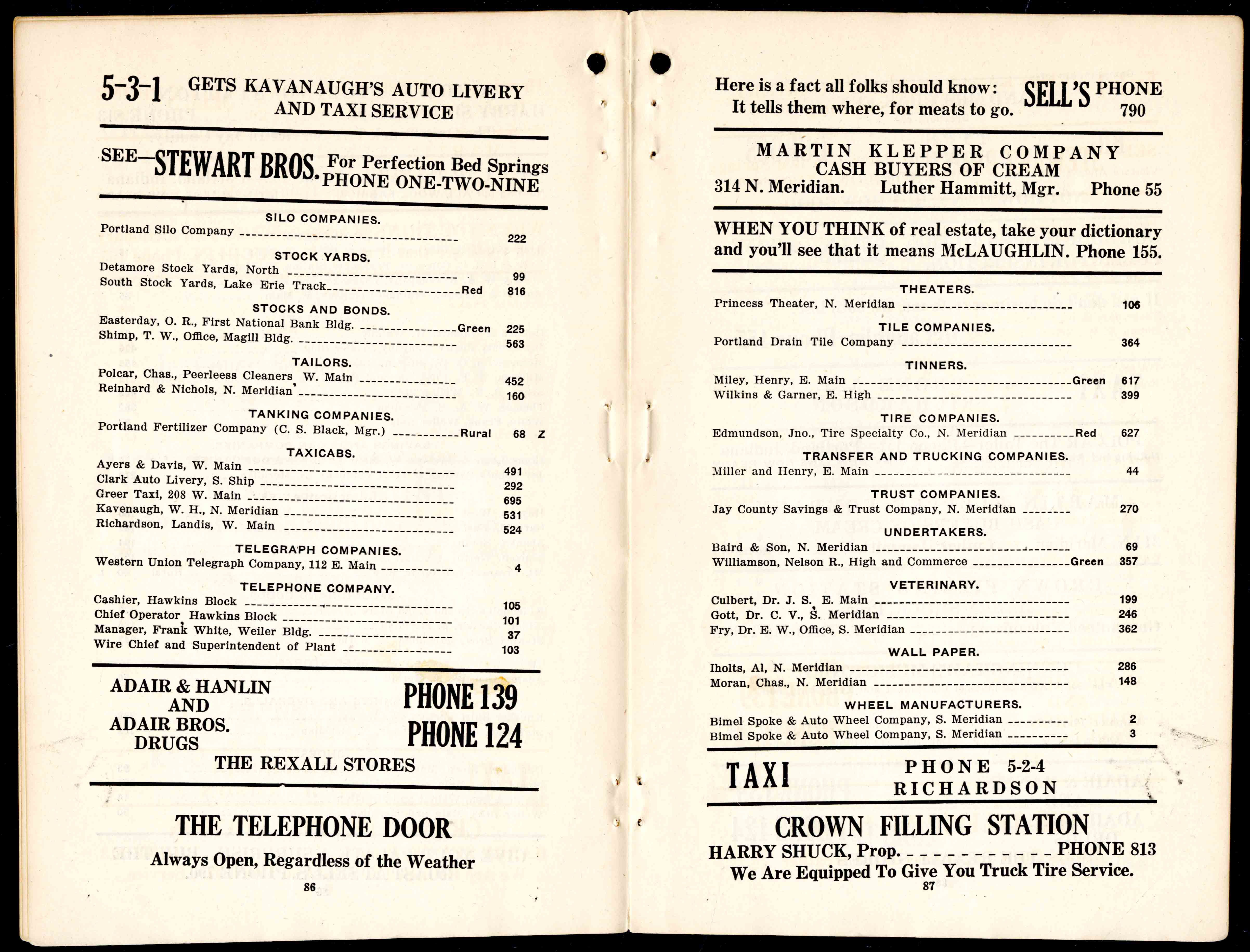 Portland, Indiana telephone directory from 1920, page 44