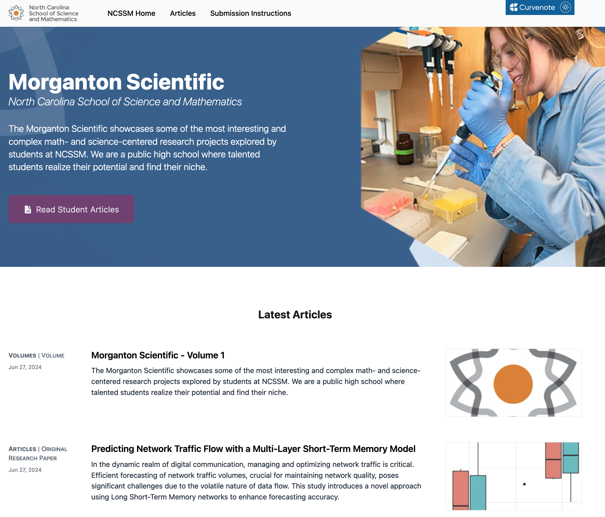 The North Carolina School of Science and Mathematics showcases student research in The Morganton Scientific, powered by Curvenote.