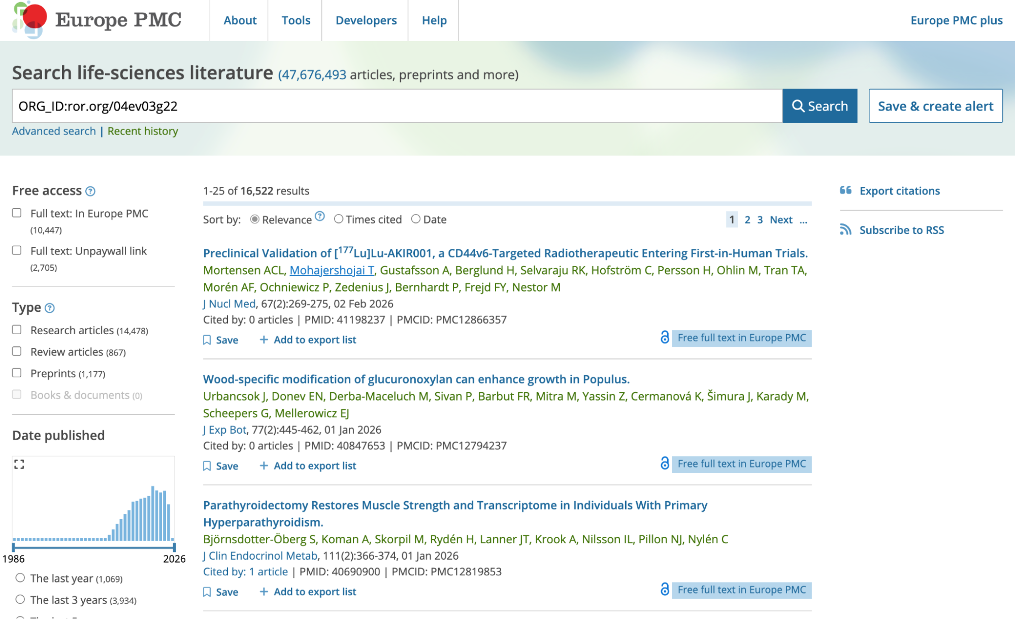 Screenshot of Europe PMC search for SciLifeLab's ROR ID.