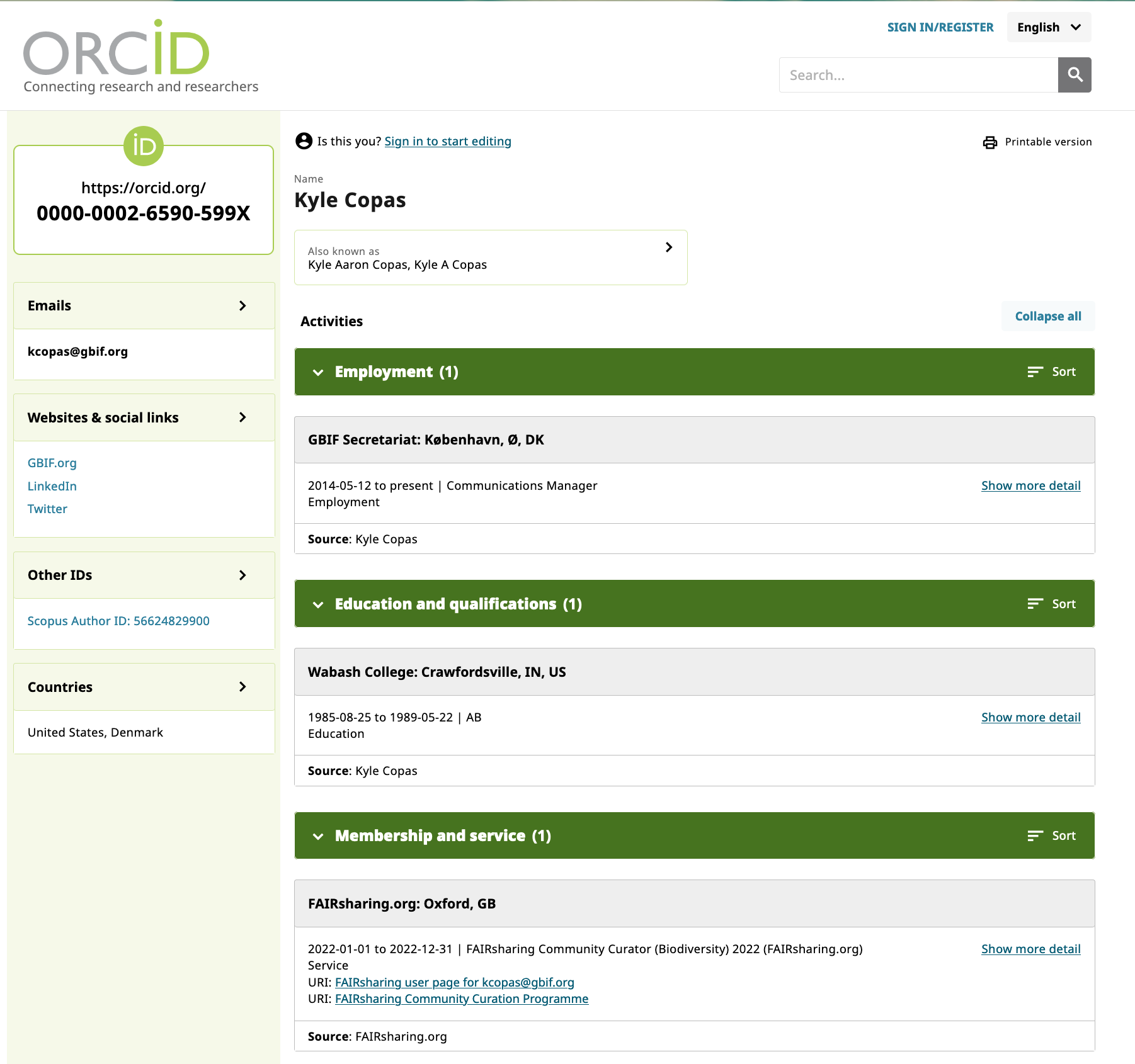 ORCID profile of Kyle Copas