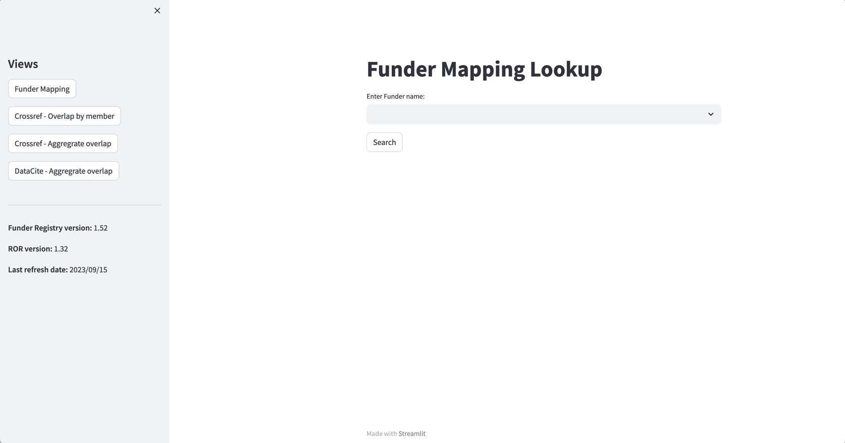 GIF showing how to look up the Arcadia Fund in the ROR / Funder Registry Overlap tool