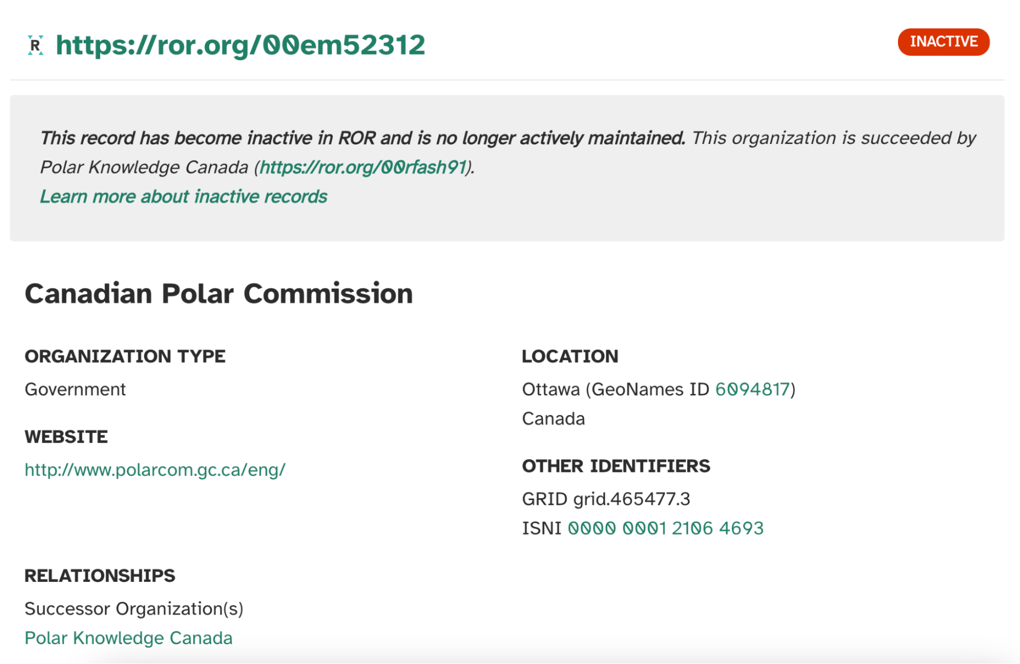 Inactive ROR record for the Canadian Polar Commission stating that the organization has been succeeded by Polar Knowledge Canada.