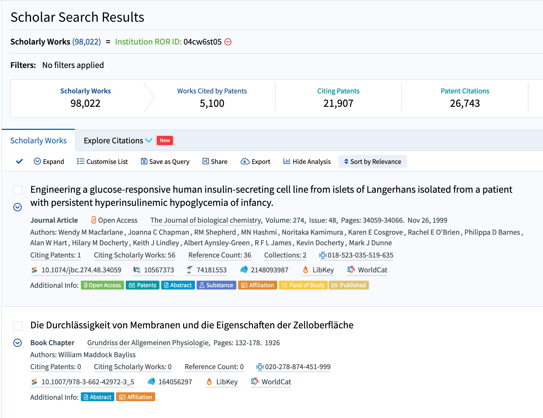 The Lens's structured search for scholarly works by ROR ID showing over 98,000 works associated with the University of London alone. 