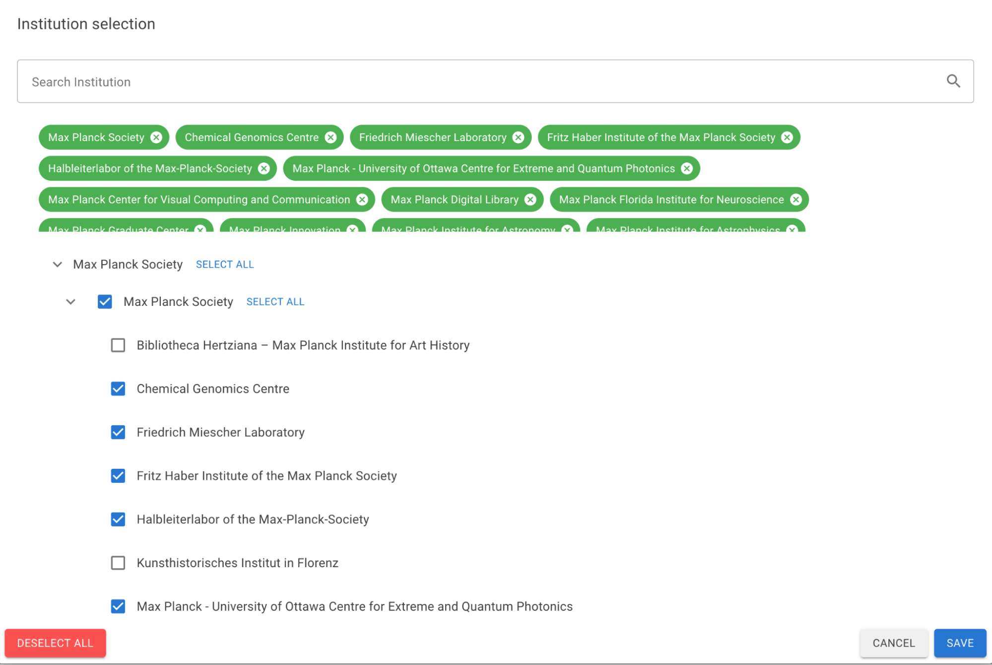 In Germany's ROR-powered Open Access Monitor, a user can select all, one, or any set of the child research organizations of the Max Planck Society. 