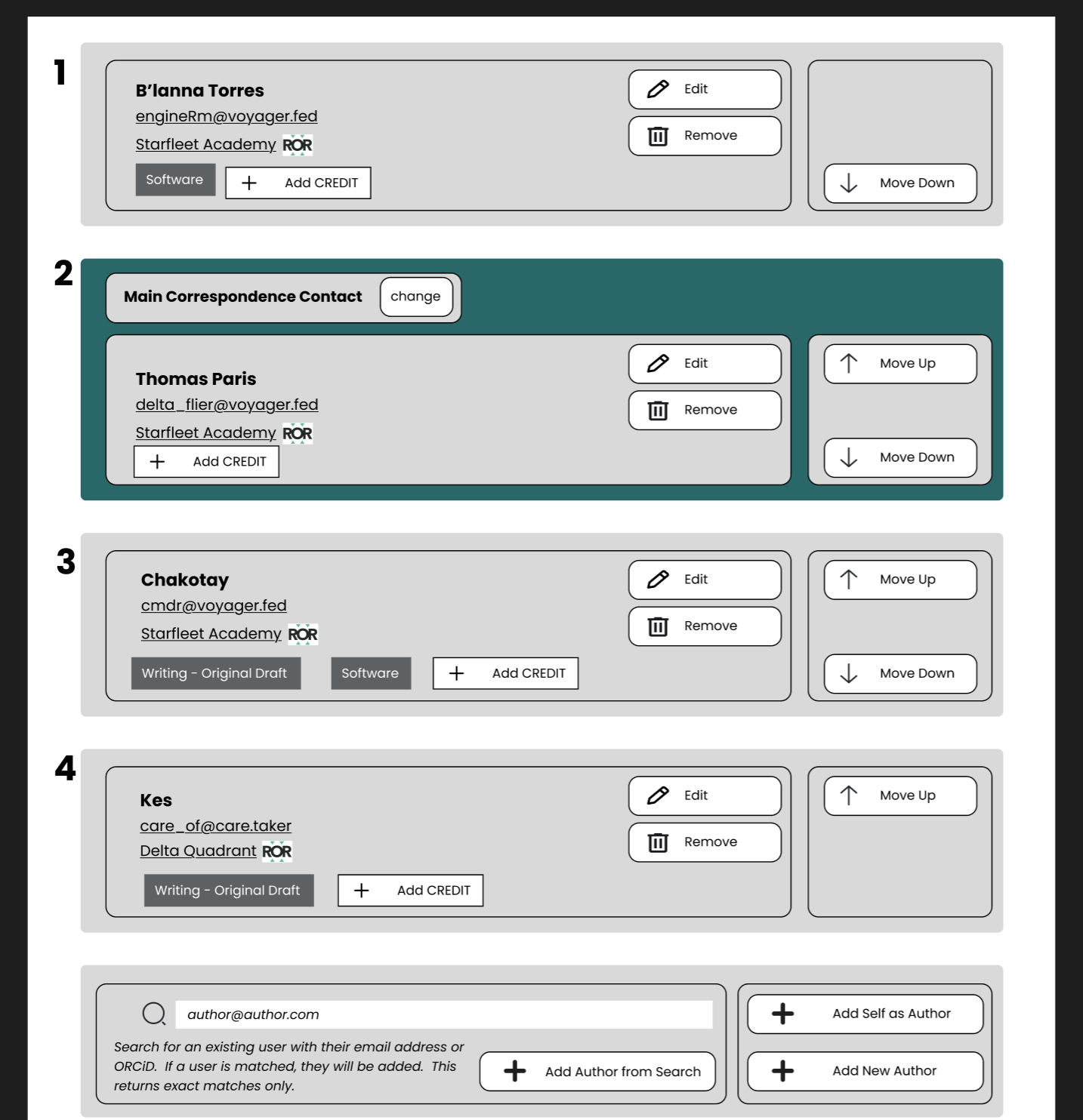 Mockups of author affiliation user interfaces in Janeway.
