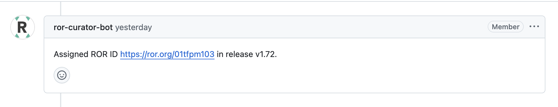 A post-release comment is added to a request for a ROR ID for the Altamash Institute of Dental Medicine.
