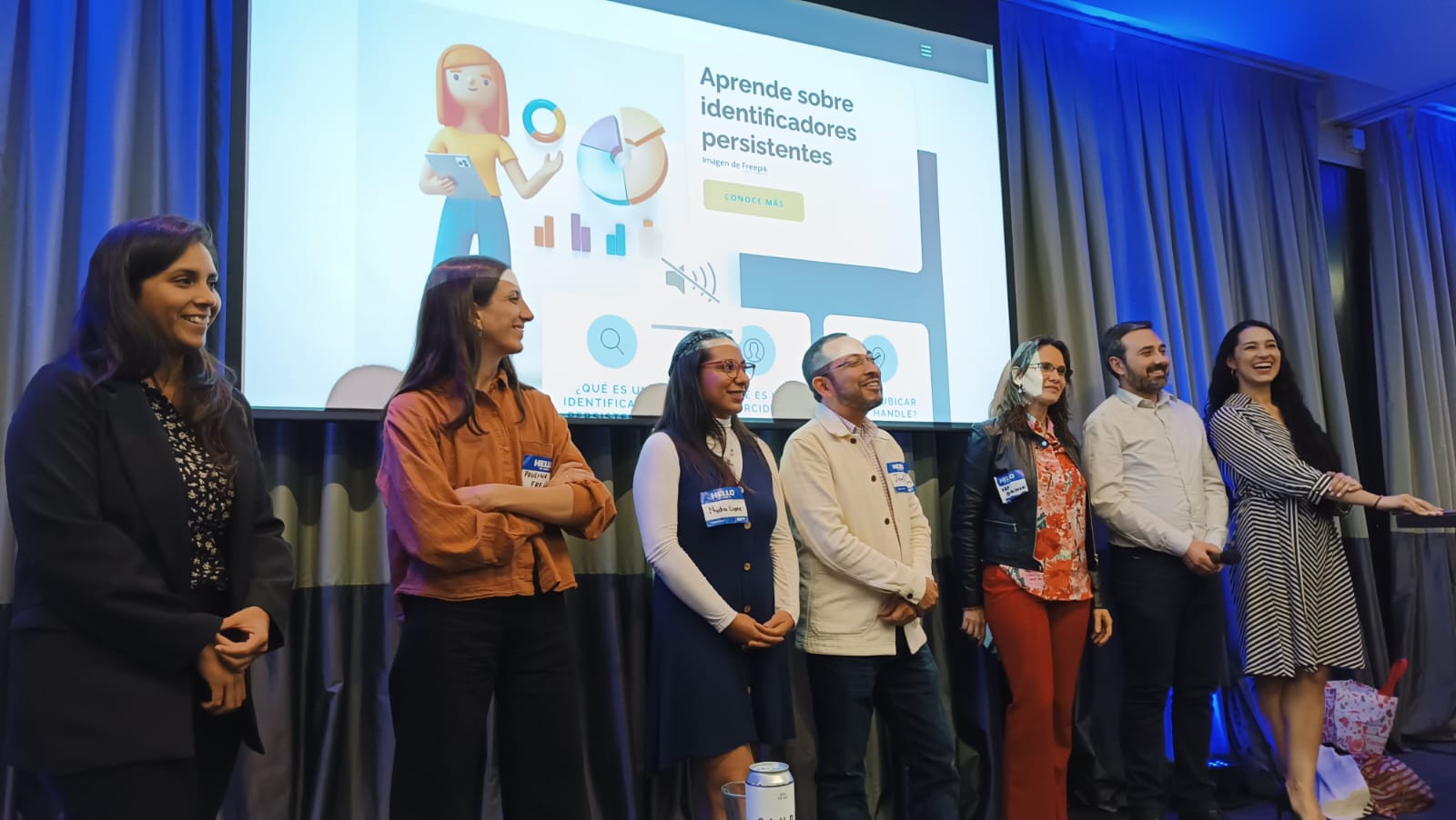 Panelists of the session *PIDs implementation in Latin America* (from left to right) [Analía Salazar](https://orcid.org/0000-0001-8204-1591) (UNR, Argentina), [Paulina Frean](https://orcid.org/0000-0002-9710-0213) (UNR, Argentina), [Nydia López](https://orcid.org/0009-0007-3657-5817) (eScire, Mexico), [Joel Torres](https://orcid.org/0000-0001-6739-5906) (eScire, Mexico), [Paola Bongiovani](https://orcid.org/0000-0003-0049-9086) (UNR, Argentina), [Rodrigo Donoso Vegas](https://orcid.org/0000-0001-5635-4324) (Universidad de Chile, Chile), [Paula Saavedra](https://orcid.org/0000-0001-5383-3020) (Consortia, Colombia).