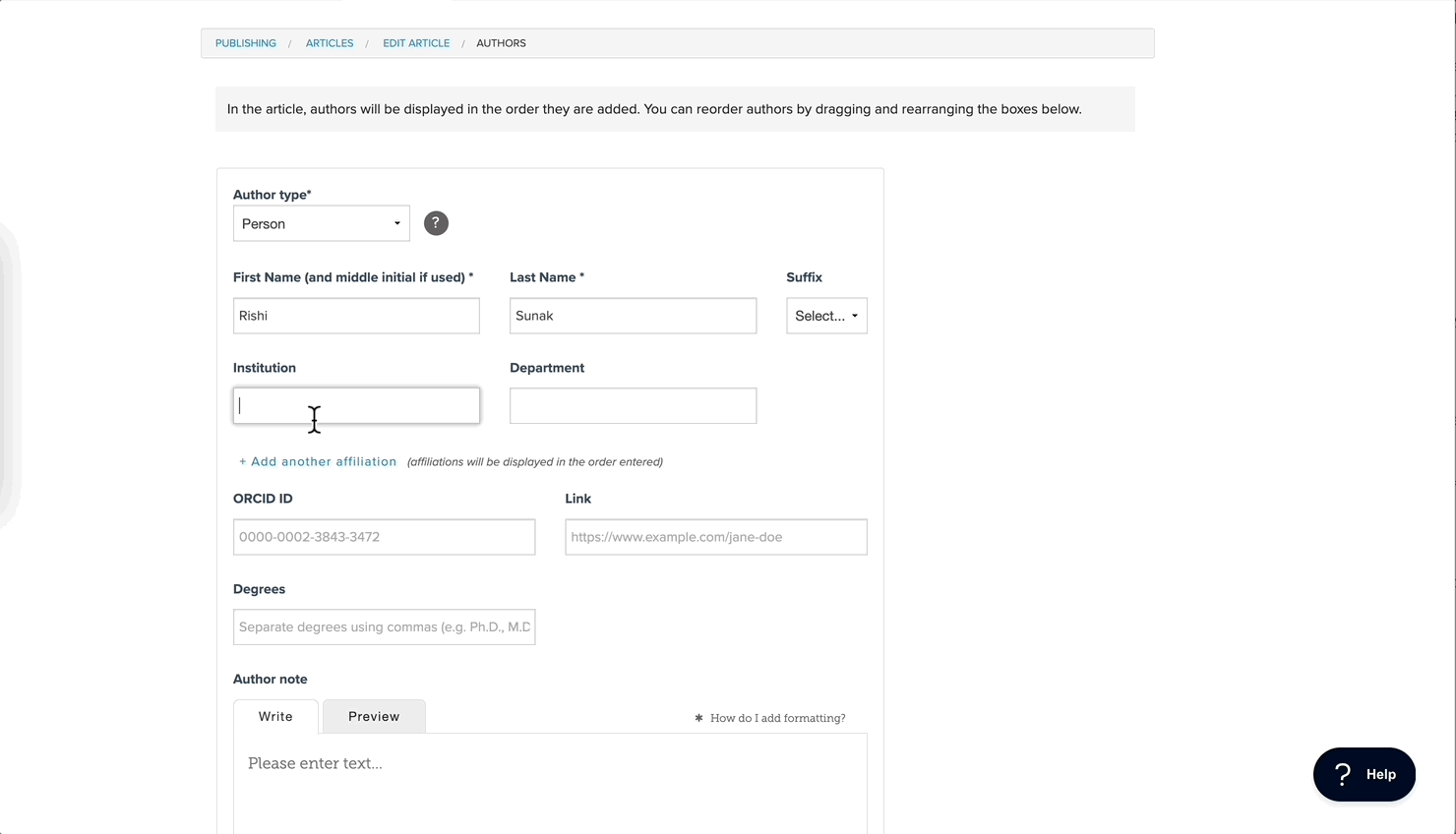 ROR typeahead in Scholastica OA Publishing Platform form